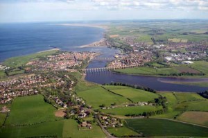 An aerial view of Berwick upon Tweed towards the North Sea.